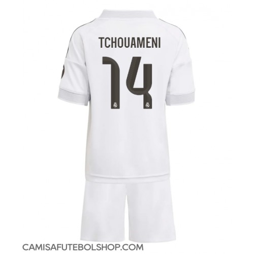 Camisa de time de futebol Real Madrid Aurelien Tchouameni #14 Replicas 1º Equipamento Infantil 2025-26 Manga Curta (+ Calças curtas)